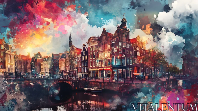 Canal houses waltz beneath a sky of spilled paint and light