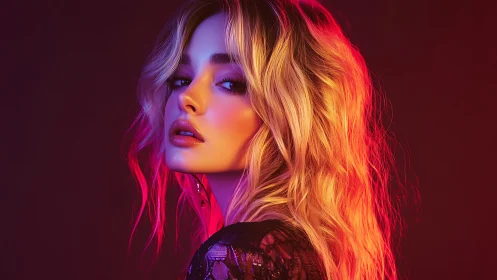 Neon-lit portrait highlights flowing blonde waves and glow.