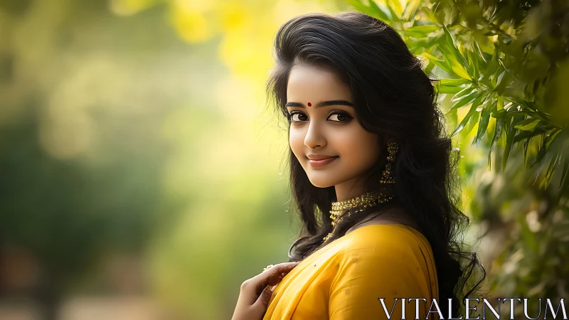 Portrait of woman in yellow sari outdoors with greenery.