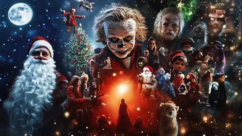 Cinematic collage contrasts festive Santa iconography with horror-clown