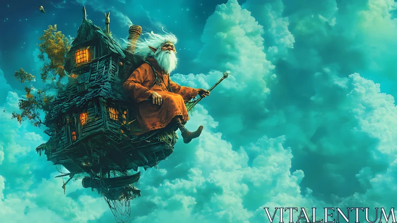 Elderly elf riding a floating house through clouds.