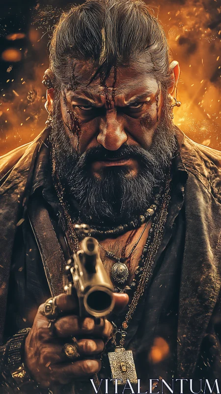 Bearded armed man in rugged attire amid fiery background.