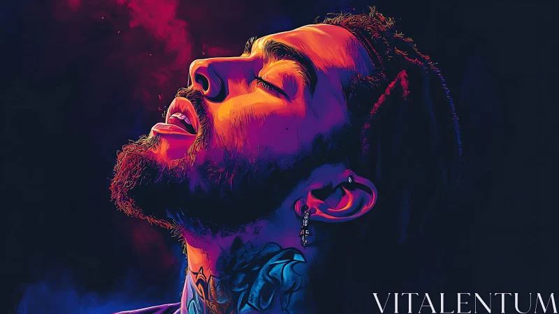 Neon portrait captures euphoric expression in vibrant light.