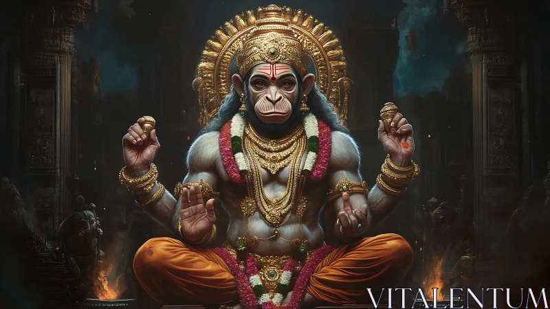 Divine simian deity sits adorned in gold within ancient shrine