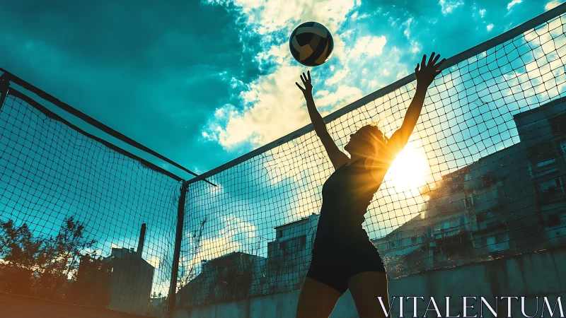 Silhouette of volleyball player jumping at outdoor net court.