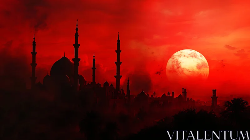 Digital painting of mosque skyline under crimson eclipse.