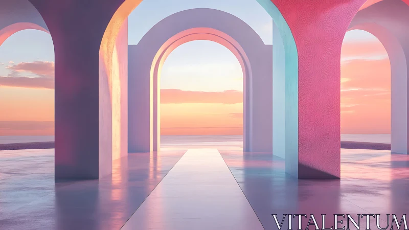 Pastel Arches Frame Serene Sunset Over Tranquil Waters.