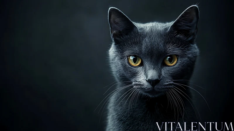Black Cat with Golden Eyes Against Dark Atmospheric Background
