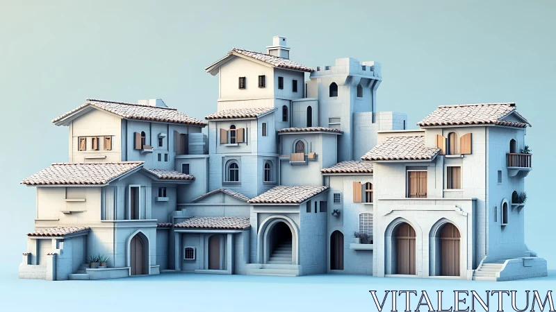 Mediterranean Villa Complex: Layered Blue and Cream Architecture in 3D