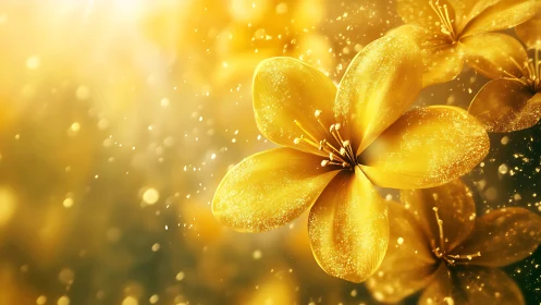 Golden Flowers Illuminated. Luminous petals glow with bokeh light.