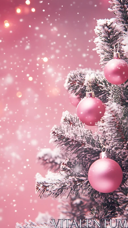 Pink ornaments on snowy Christmas tree against soft bokeh.