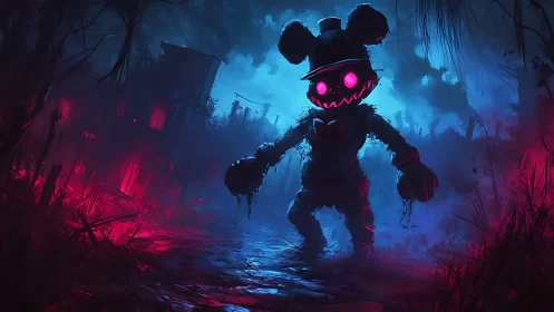 Neon-eyed scare-mouse stalks a fog-soaked haunted carnival.