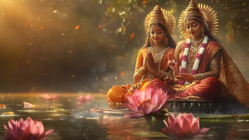 Serene divine women in lotus pond with warm light.