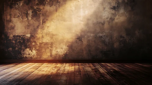 Aged plaster wall and wooden floor form a dramatic light study