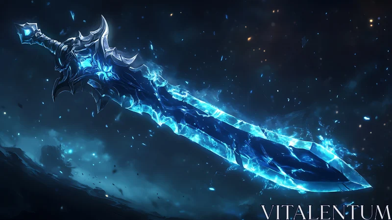 Luminous frostblade drifting through a star-swept night sky.