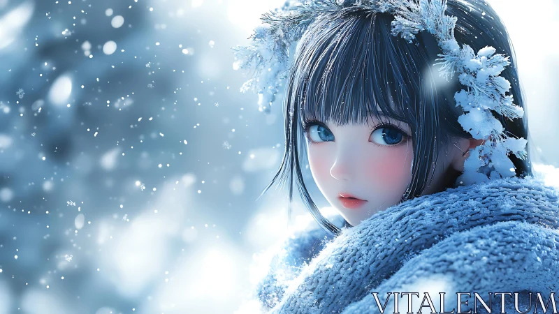 Anime winter portrait with frosted wreath and soft bokeh focus.
