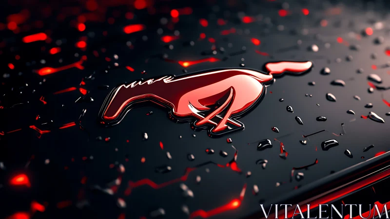 Red stylized bird emblem on wet reflective dark surface.