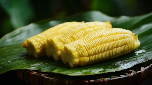 Boiled yellow corn cobs rest on a glossy green banana leaf