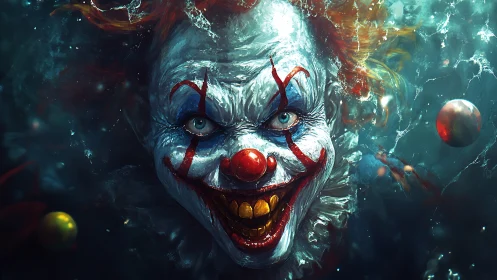 Sinister underwater clown face with intense glowing eyes