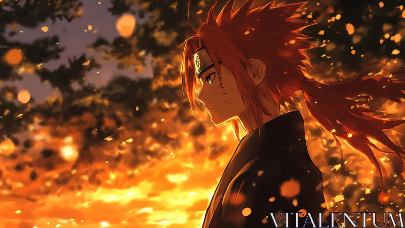 Anime shinobi profile in fiery bokeh sunset lighting field.
