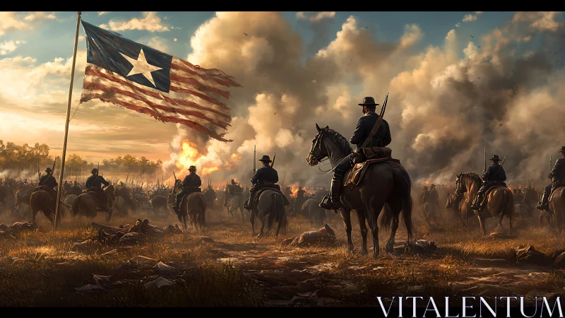 Civil War cavalry column advances under tattered battle flag at dusk