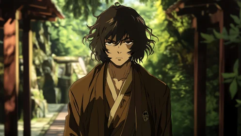 Stoic wanderer in forest shrine walkway at golden hour.