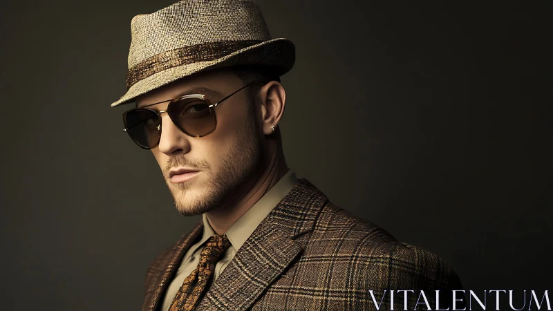 Retro styled portrait with plaid suit, trilby, and aviators.