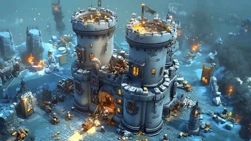 Winter siege on stylized fortress rendered in dynamic 3D