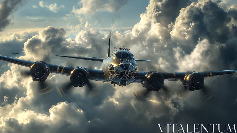 Storm-cloud corridors cradle a gleaming vintage bomber in flight