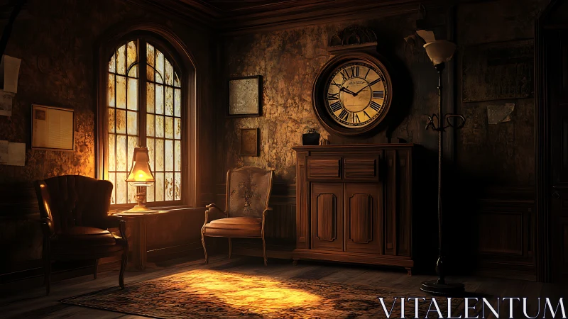 Victorian parlor interior with cabinet clock and lamplit window
