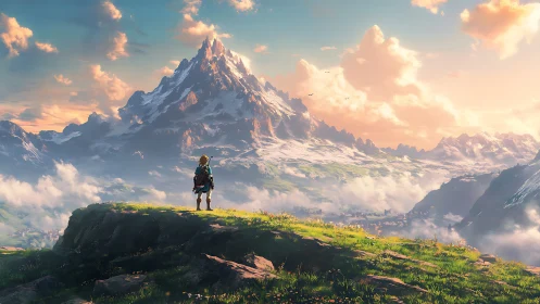 Digital painting panorama with lone hero and alpine massif.