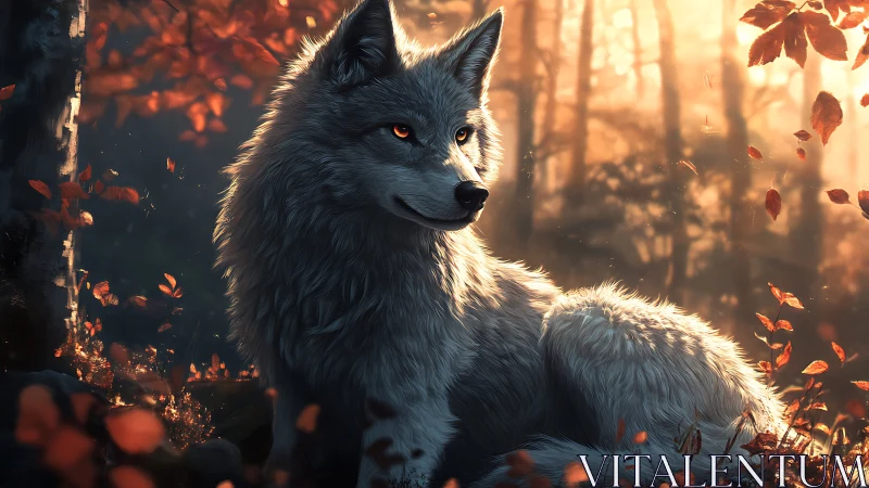 Gentle silver wolf resting in warm autumn forest glow.