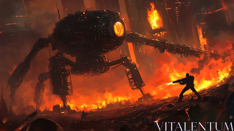 Large quadruped combat mech advances through burning cityscape