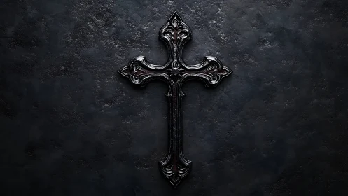 Gothic black metal cross on textured dark stone backdrop.