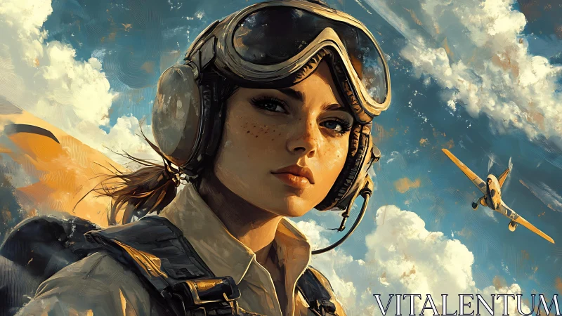 Confident female pilot portrait with vintage fighter plane.