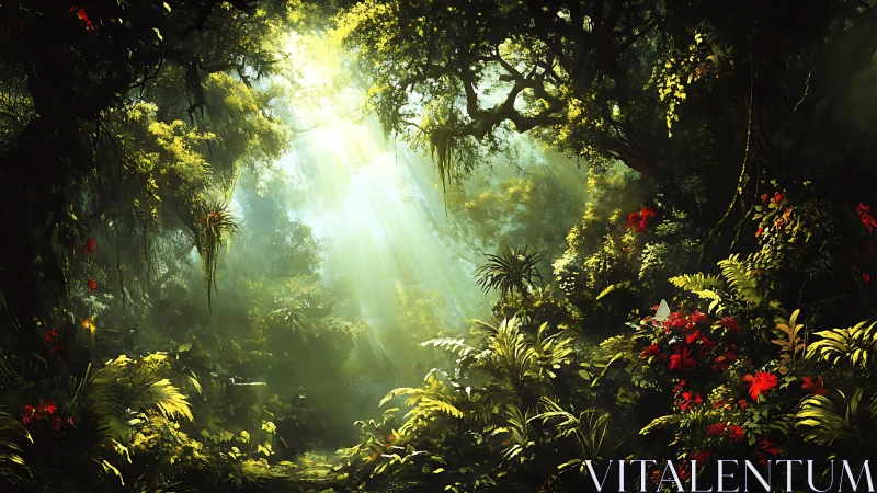 Luminescent Jungle Canopy With Crepuscular Light Rays