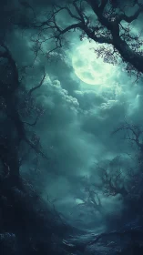 Moonlit forest path welcomes quiet midnight wanderers