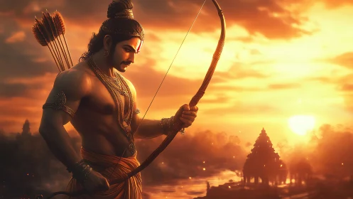 Warrior archer deity in glowing orange sunset over temple river