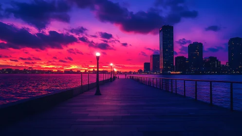 Pier walkway extends toward city skyline under vivid sunset