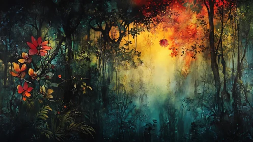 Luminous misted forest interior with vivid red floral foreground