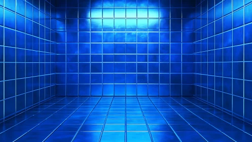Electric blue tiled chamber hums softly with digital silence