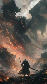 Armored warrior facing three headed molten dragon entity.