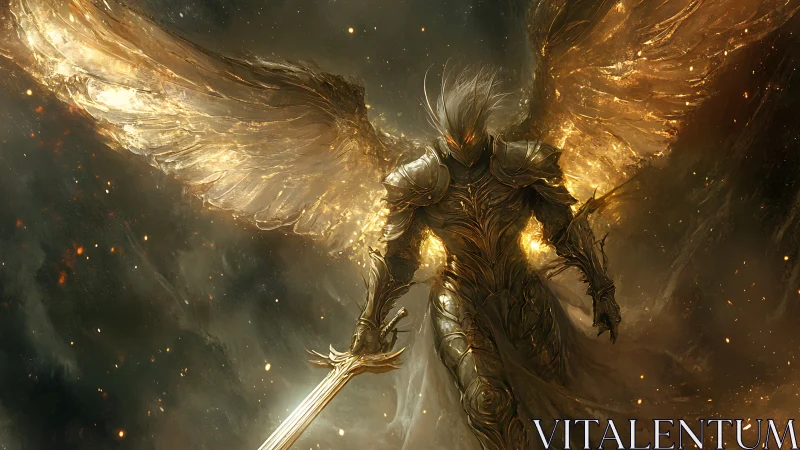 Golden armored angel descends with flaming sword in storm.