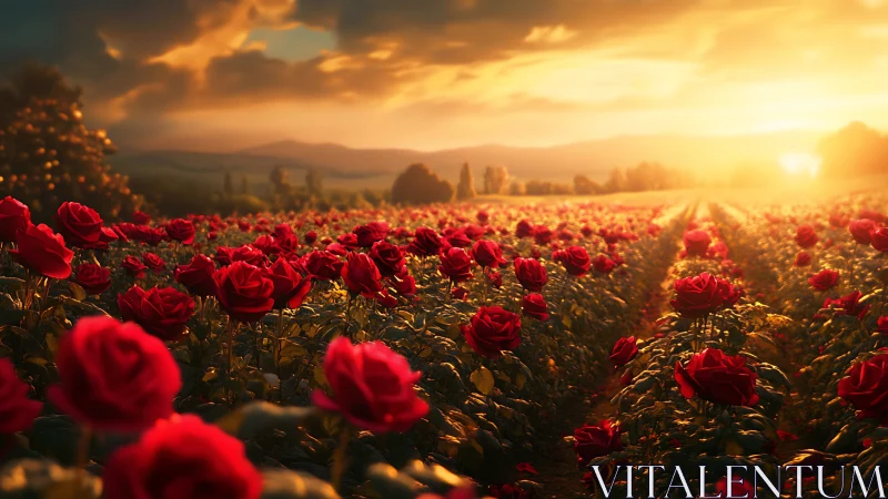 Sunlit red rose field under glowing golden sunset sky.