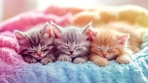 Three Sleeping Tabby Kittens with Closed Eyes on Textured Rainbow Blanket