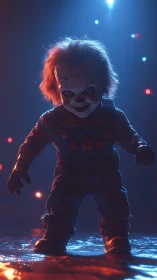 Creepy clown doll stands under neon horror lighting.