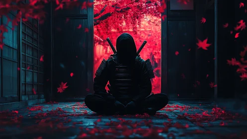 Silent ninja rests beneath glowing crimson maple leaves.