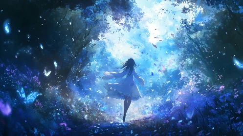 Girl in luminous forest clearing with glowing butterflies.