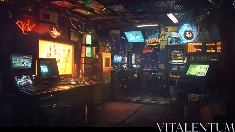 Neon consoles whisper secrets inside a midnight tech bazaar