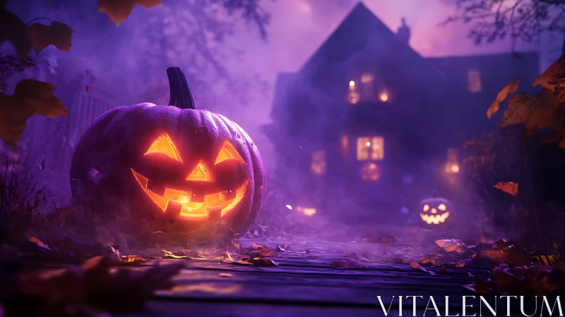 Volumetric-lit jack-o-lantern on foggy path before house façade